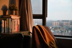 Fotel z kocem przy regale z książkami obok okna z widokiem